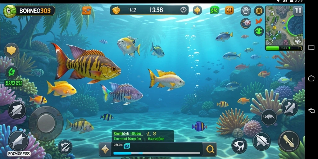 Tampilan gameplay <strong>BORNEO303</strong> saat menembak ikan di lautan.