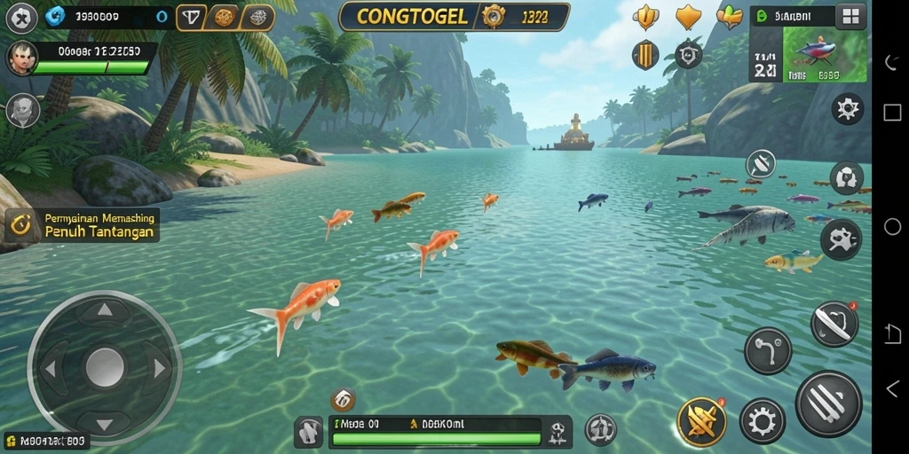 Tampilan gameplay CONGTOGEL saat menangkap ikan di danau.