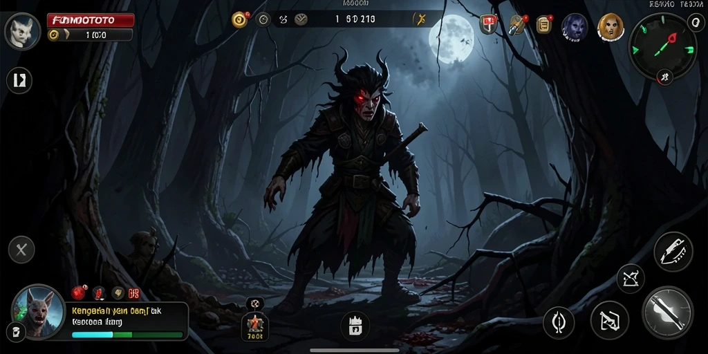 Screenshot gameplay FOMOTOTO yang menampilkan suasana horor yang mencekam.