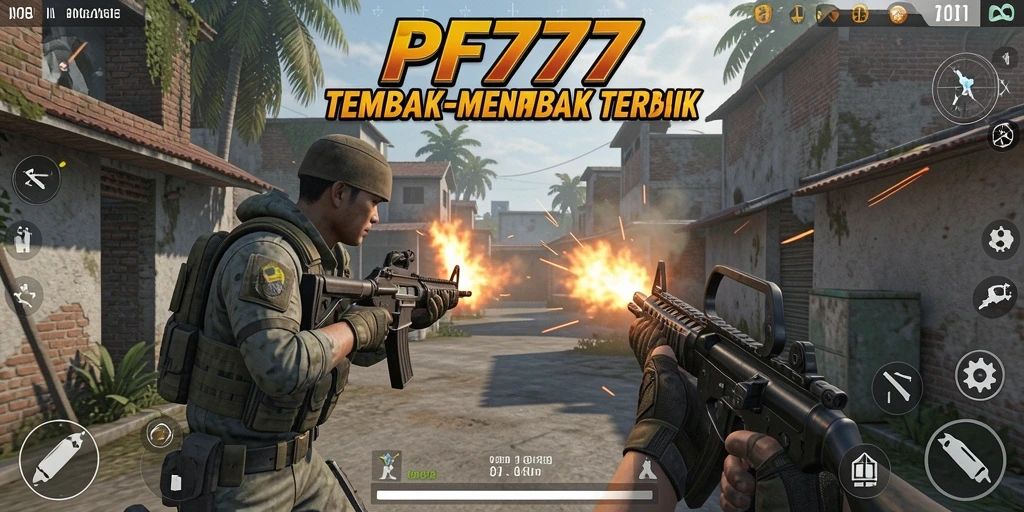 Tampilan gameplay yang mendebarkan di FPS PF777 dengan aksi tembak-menembak.