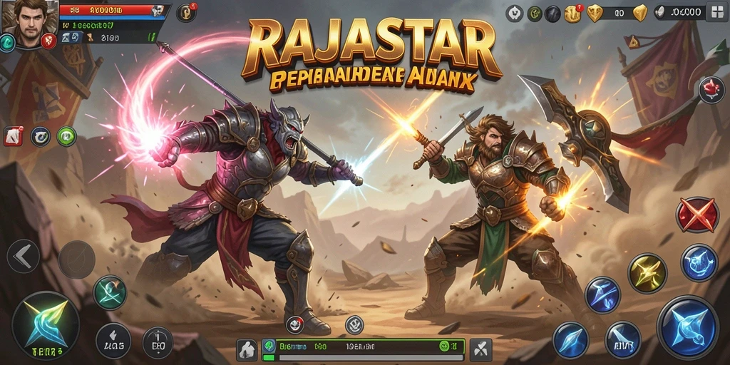 Tangkapan layar pertarungan seru dalam RAJASTAR dengan karakter unik.