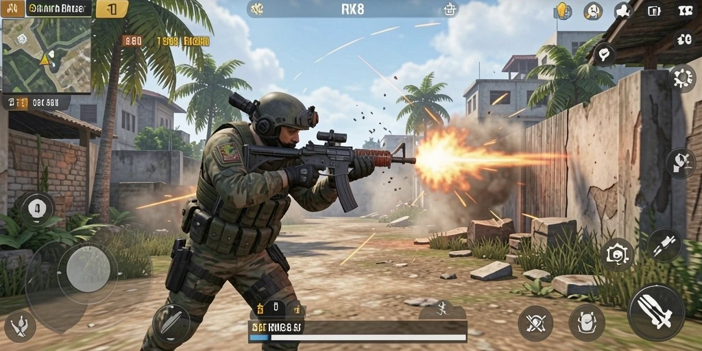 Tampilan gameplay seru dalam RK88 dengan aksi tembak menembak yang intens.