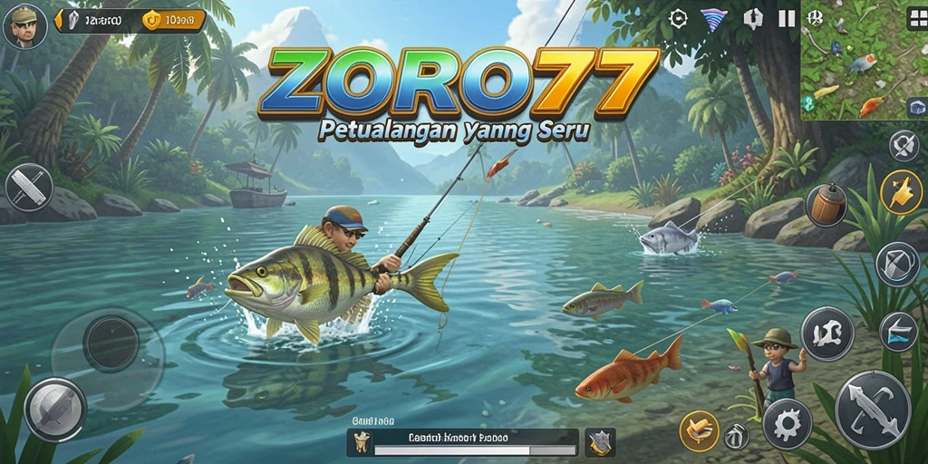 Screenshot gameplay ZORO77 menampilkan suasana memancing yang menegangkan.